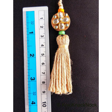 Twine Brown Tassels With Kundan Stone, Embellished Wooden Button, Tassel Charms